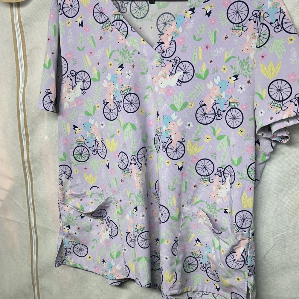 Floral Bicycle Print Women's Scrub Top